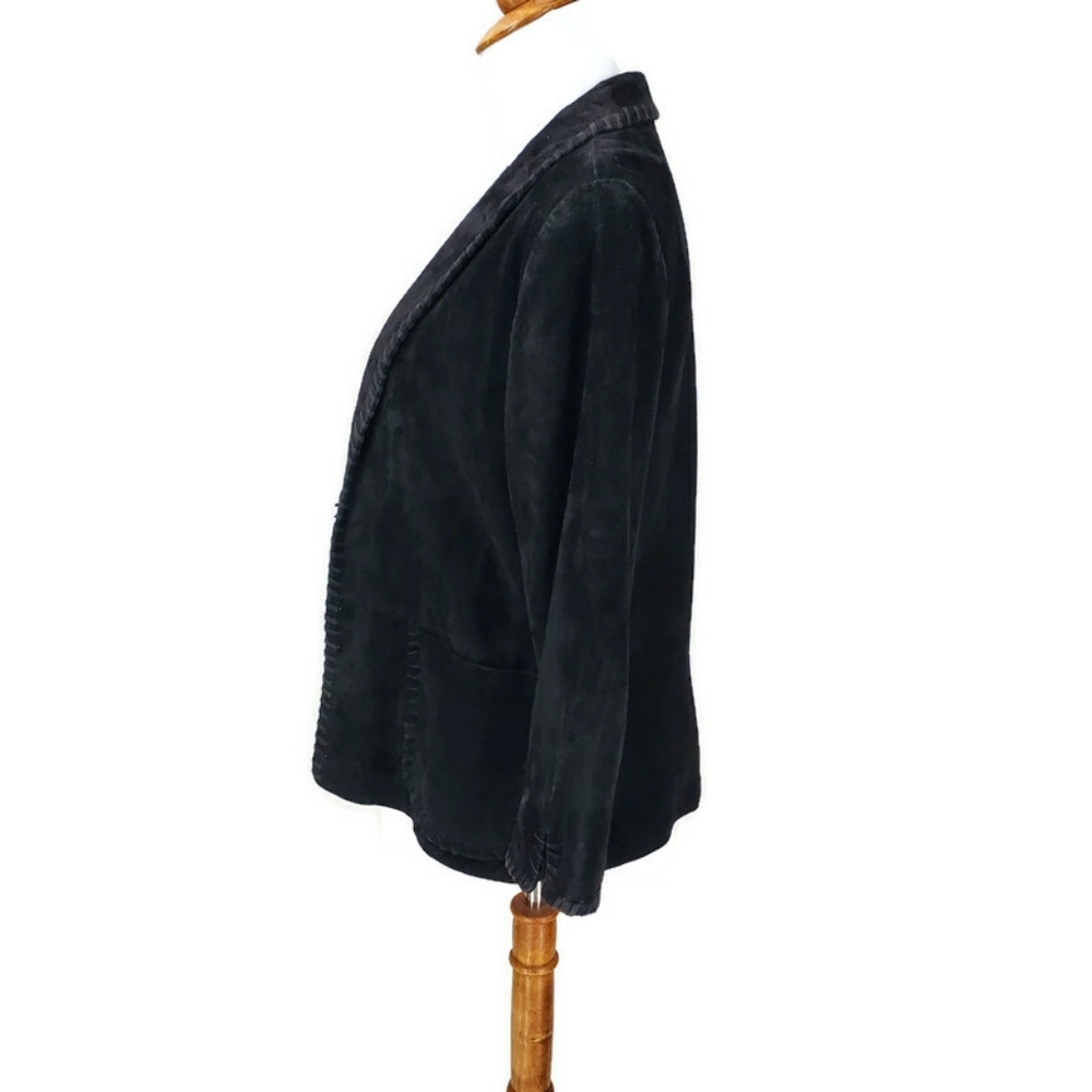 Black Genuine Suede Boho Western Y2K 90's Vintage Leather Jacket Blazer Coat - Picture 3 of 13